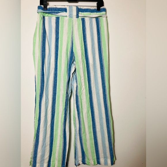 Indigo Rain 100% Linen Wide Leg Pants Pull On Belted Split Hem Sz Large Striped - Picture 3 of 7